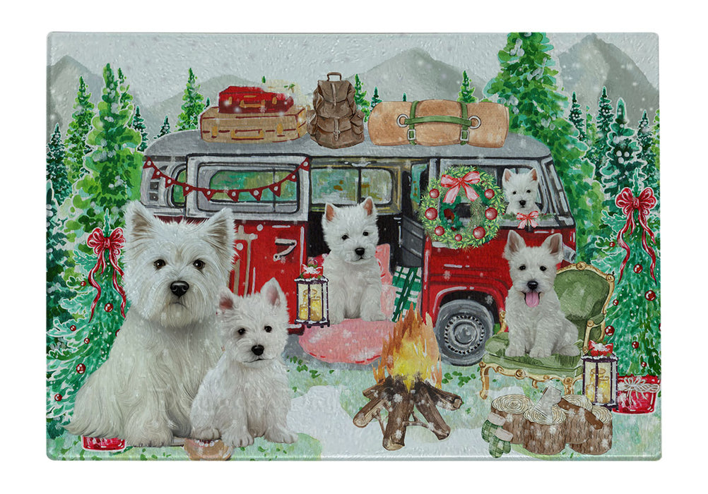 Christmas Time Camping with West Highland Terrier Dogs Cutting Board - For Kitchen - Scratch & Stain Resistant - Designed To Stay In Place - Easy To Clean By Hand - Perfect for Chopping Meats, Vegetables