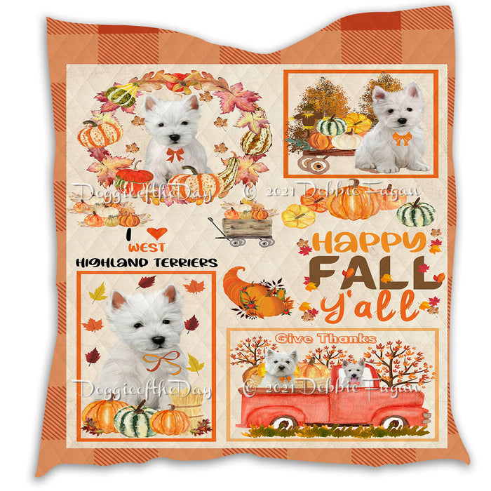 Happy Fall Y'all Pumpkin West Highland Terrier Dogs Quilt Bed Coverlet Bedspread - Pets Comforter Unique One-side Animal Printing - Soft Lightweight Durable Washable Polyester Quilt