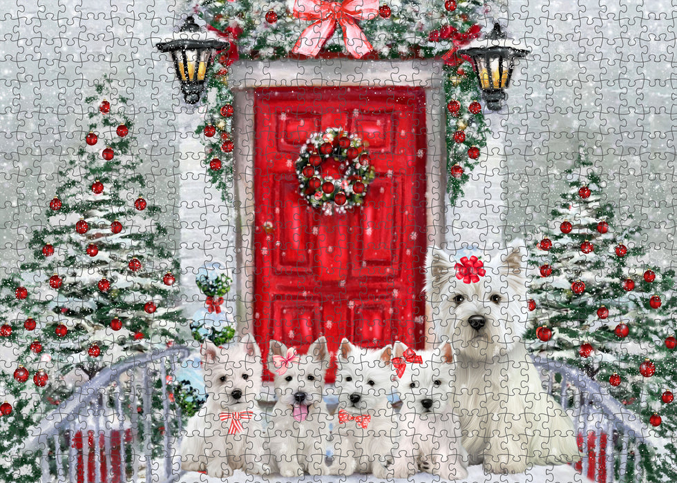 Christmas Holiday Welcome West Highland Terrier Dogs Portrait Jigsaw Puzzle for Adults Animal Interlocking Puzzle Game Unique Gift for Dog Lover's with Metal Tin Box