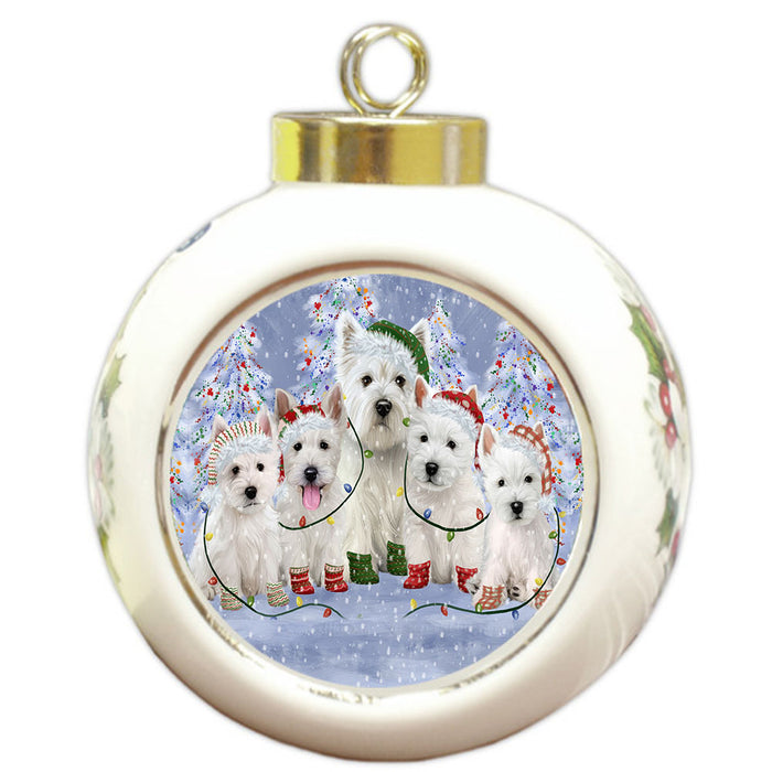 Christmas Lights and West Highland Terrier Dogs Round Ball Christmas Ornament Pet Decorative Hanging Ornaments for Christmas X-mas Tree Decorations - 3" Round Ceramic Ornament