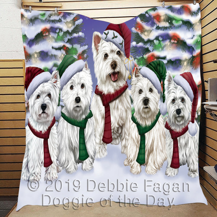 West Highland Terrier Dogs Christmas Family Portrait in Holiday Scenic Background Quilt