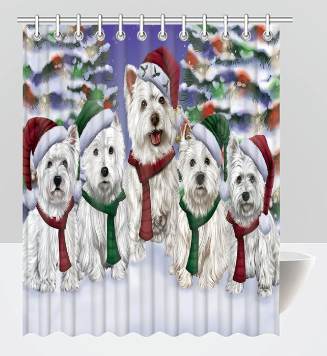 West Highland Terrier Dogs Christmas Family Portrait in Holiday Scenic Background Shower Curtain