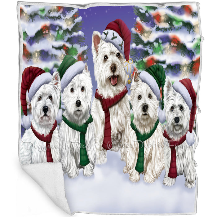 West Highland Terriers Dog Christmas Family Portrait in Holiday Scenic Background Art Portrait Print Woven Throw Sherpa Plush Fleece Blanket