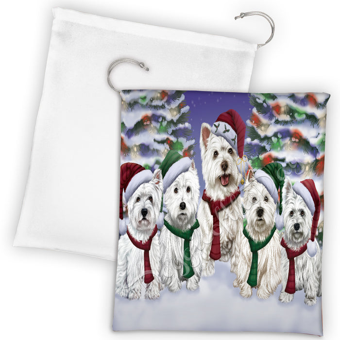 West Highland Terrier Dogs Christmas Family Portrait in Holiday Scenic Background Drawstring Laundry or Gift Bag LGB48188