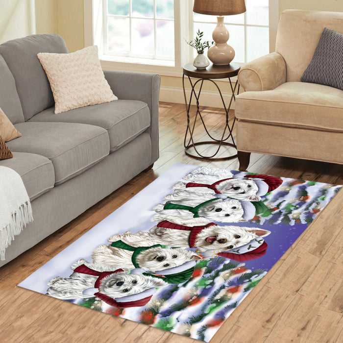 West Highland Terrier Dogs Christmas Family Portrait in Holiday Scenic Background Area Rug