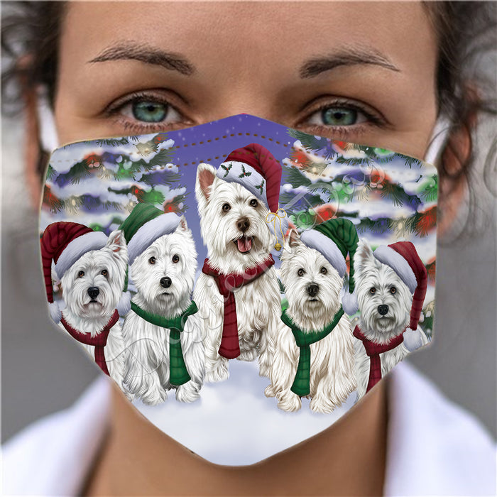 West Highland Terrier Dogs Christmas Family Portrait in Holiday Scenic Background Face Mask FM48390