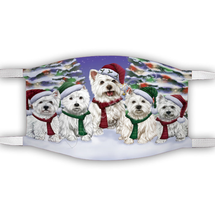 West Highland Terrier Dogs Christmas Family Portrait in Holiday Scenic Background Face Mask FM48390