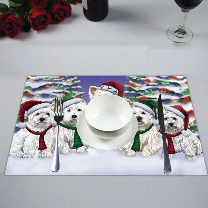 West Highland Terrier Dogs Christmas Family Portrait in Holiday Scenic Background Placemat