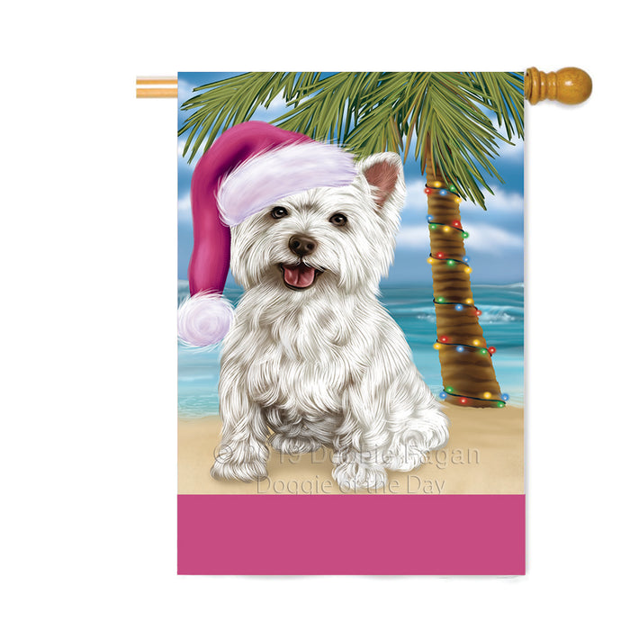 Personalized Summertime Happy Holidays Christmas West Highland Terrier Dog on Tropical Island Beach Custom House Flag FLG-DOTD-A60605