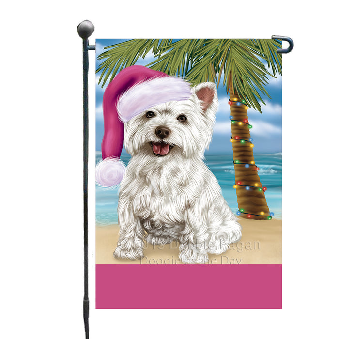 Personalized Summertime Happy Holidays Christmas West Highland Terrier Dog on Tropical Island Beach  Custom Garden Flags GFLG-DOTD-A60549
