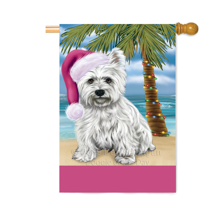 Personalized Summertime Happy Holidays Christmas West Highland Terrier Dog on Tropical Island Beach Custom House Flag FLG-DOTD-A60606