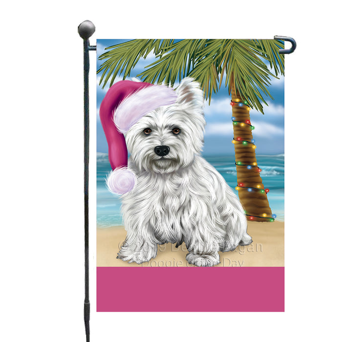 Personalized Summertime Happy Holidays Christmas West Highland Terrier Dog on Tropical Island Beach  Custom Garden Flags GFLG-DOTD-A60550