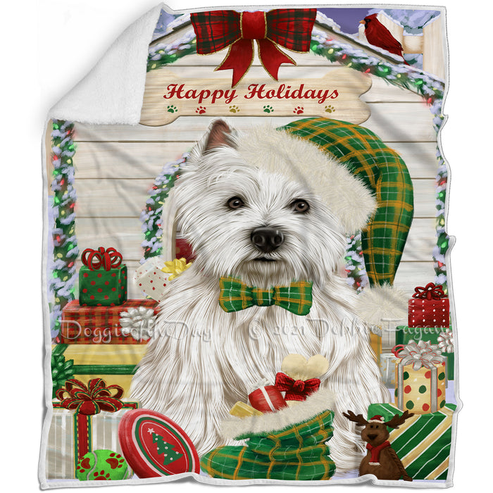 Happy Holidays Christmas West Highland Terrier Dog House with Presents Blanket BLNKT80544