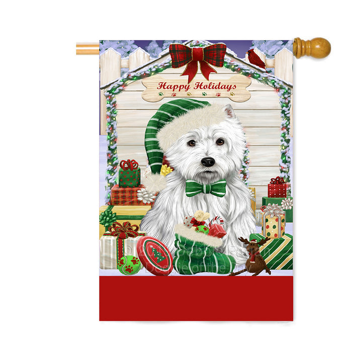 Personalized Happy Holidays Christmas West Highland Terrier Dog House with Presents Custom House Flag FLG-DOTD-A59447