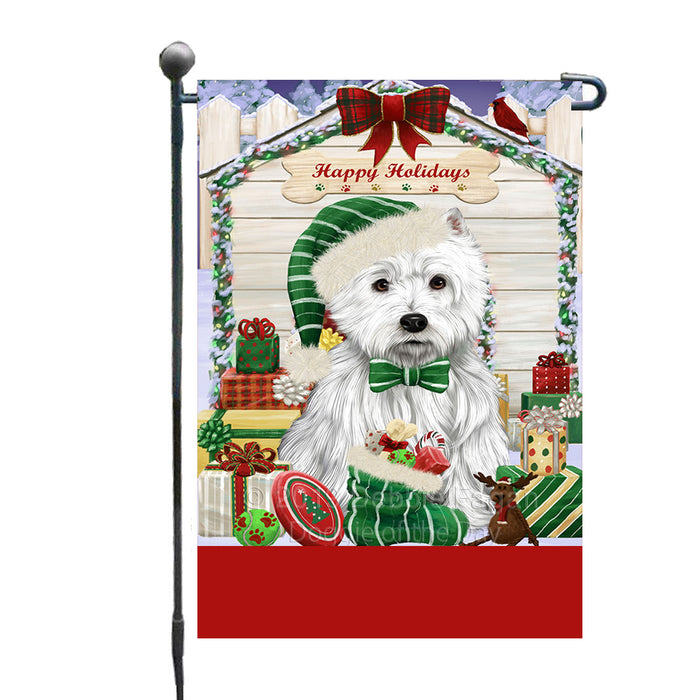 Personalized Happy Holidays Christmas West Highland Terrier Dog House with Presents Custom Garden Flags GFLG-DOTD-A59391
