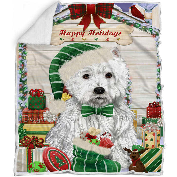Happy Holidays Christmas West Highland Terrier Dog House with Presents Blanket BLNKT80553