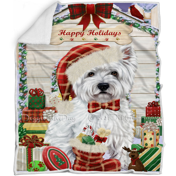Happy Holidays Christmas West Highland Terrier Dog House with Presents Blanket BLNKT80562