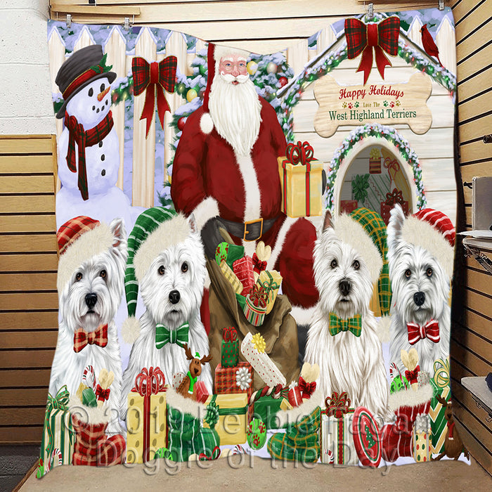 Happy Holidays Christmas West Highland Terrier Dogs House Gathering Quilt