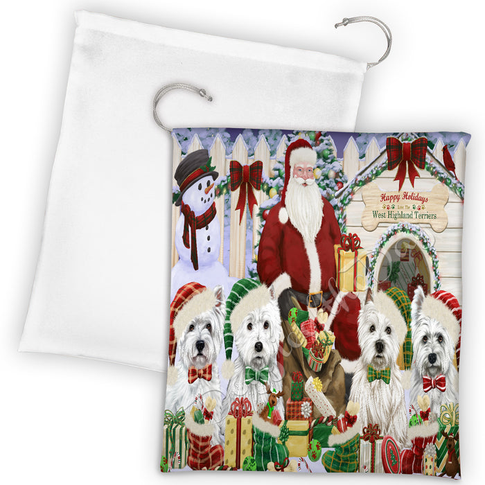 Happy Holidays Christmas West Highland Terrier Dogs House Gathering Drawstring Laundry or Gift Bag LGB48092