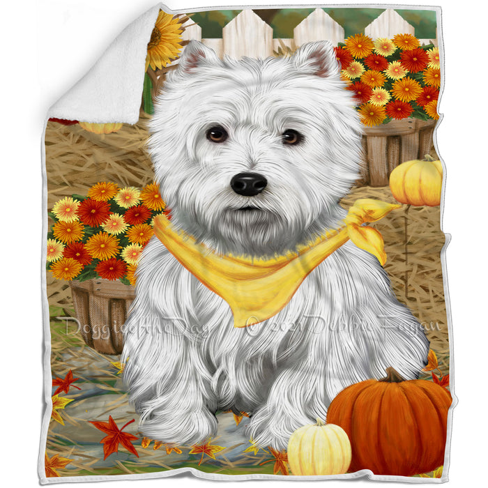 Fall Autumn Greeting West Highland Terrier Dog with Pumpkins Blanket BLNKT74082