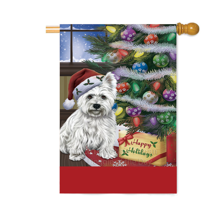 Personalized Christmas Happy Holidays West Highland Terrier Dog with Tree and Presents Custom House Flag FLG-DOTD-A58736