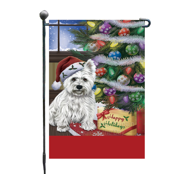 Personalized Christmas Happy Holidays West Highland Terrier Dog with Tree and Presents Custom Garden Flags GFLG-DOTD-A58680