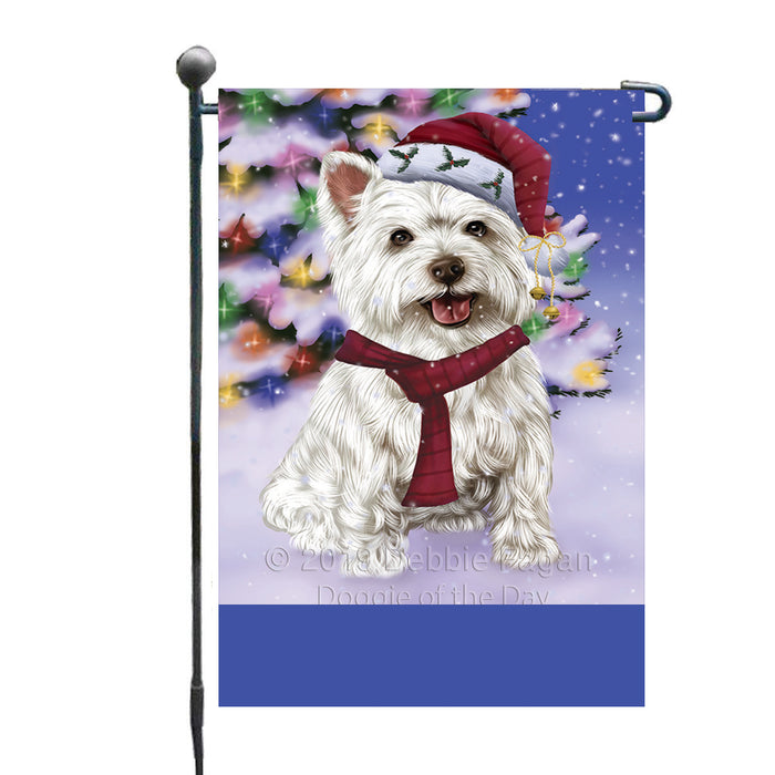 Personalized Winterland Wonderland West Highland Terrier Dog In Christmas Holiday Scenic Background Custom Garden Flags GFLG-DOTD-A61434
