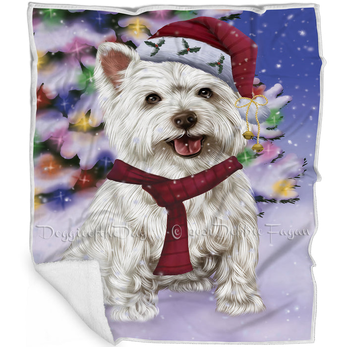 Winterland Wonderland West Highland Terriers Adult Dog In Christmas Holiday Scenic Background Blanket