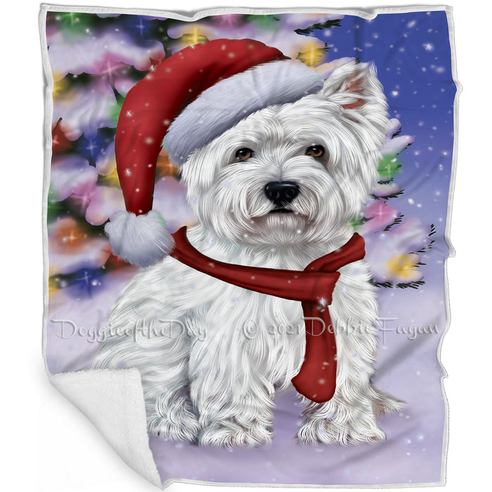 Winterland Wonderland West Highland Terriers Puppy Dog In Christmas Holiday Scenic Background Blanket