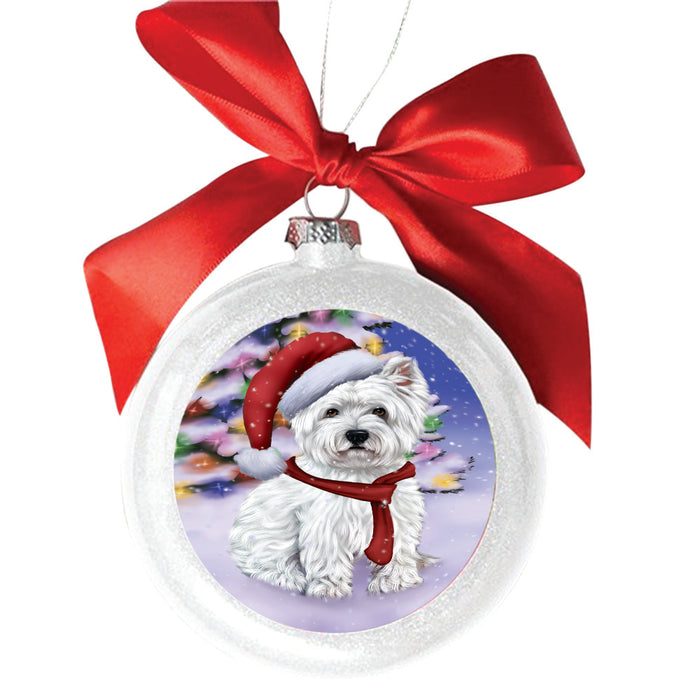 Winterland Wonderland West Highland Terrier Dog In Christmas Holiday Scenic Background White Round Ball Christmas Ornament WBSOR49656