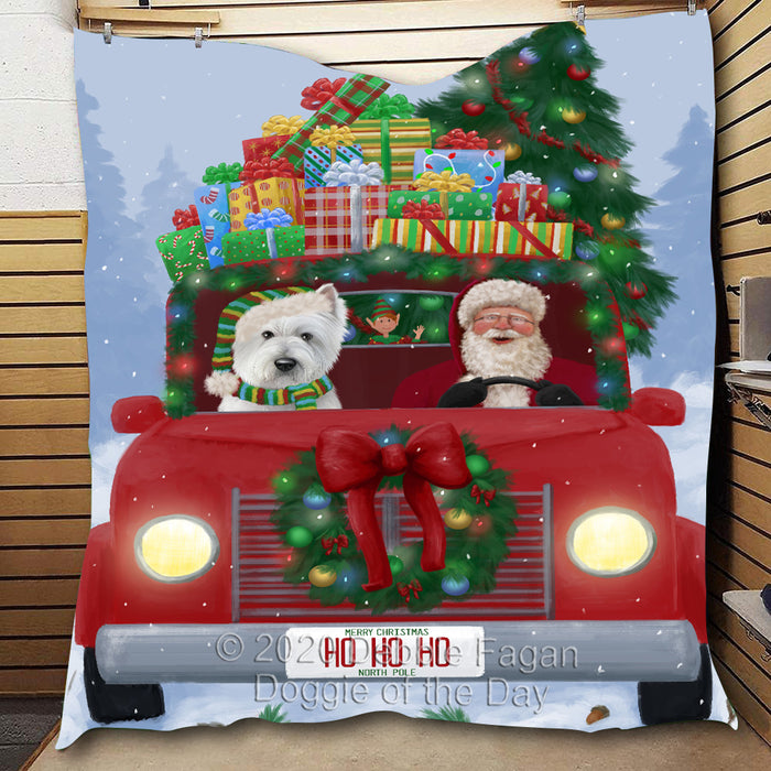 Christmas Honk Honk Red Truck with Santa and West Highland Terrier Dog Quilt Bed Coverlet Bedspread - Pets Comforter Unique One-side Animal Printing - Soft Lightweight Durable Washable Polyester Quilt