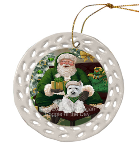 Christmas Irish Santa with Gift and West Highland Terrier Dog Doily Ornament DPOR59544