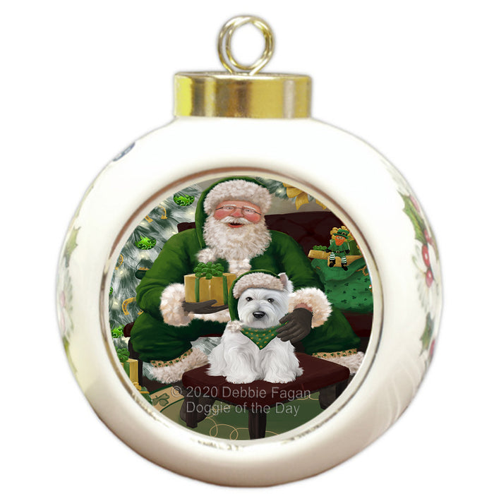 Christmas Irish Santa with Gift and West Highland Terrier Dog Round Ball Christmas Ornament RBPOR57982