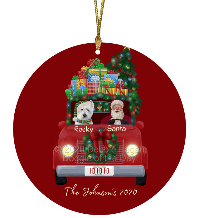 Personalized Christmas Honk Honk Red Truck Here Comes with Santa and West Highland Terrier Dog Round Flat Ornament PRBPOR59132