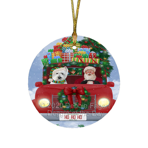 Christmas Honk Honk Red Truck Here Comes with Santa and West Highland Terrier Dog Round Flat Christmas Ornament RFPOR57884