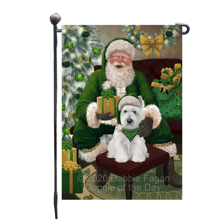 Christmas Irish Santa with Gift and West Highland Terrier Dog Garden Flag GFLG66698
