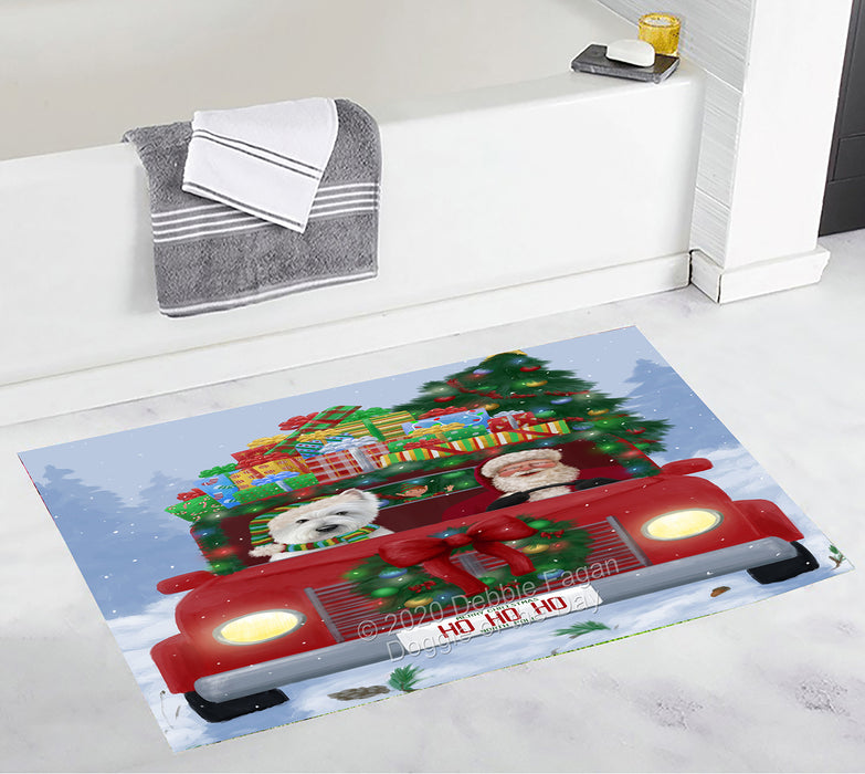 Christmas Honk Honk Red Truck Here Comes with Santa and West Highland Terrier Dog Bath Mat BRUG53908