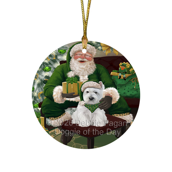 Christmas Irish Santa with Gift and West Highland Terrier Dog Round Flat Christmas Ornament RFPOR57982