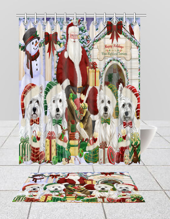 Happy Holidays Christmas West Highland Terrier Dogs House Gathering Bath Mat and Shower Curtain Combo