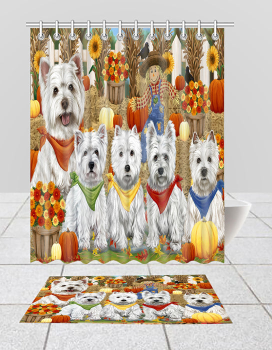Fall Festive Harvest Time Gathering West Highland Terrier Dogs Bath Mat and Shower Curtain Combo