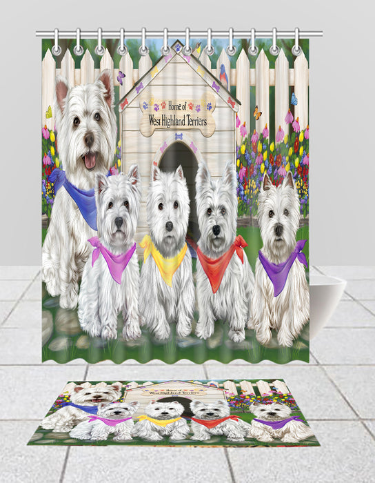 Spring Dog House West Highland Terrier Dogs Bath Mat and Shower Curtain Combo