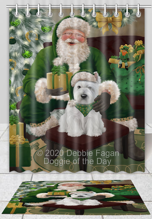 Christmas Irish Santa with Gift West Highland Terrier Dog Bath Mat and Shower Curtain Combo