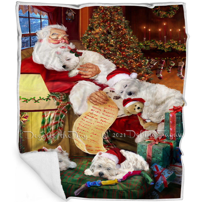 Westies Dog and Puppies Sleeping with Santa Blanket