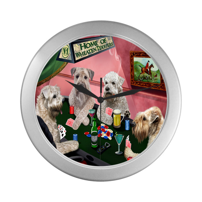 Home of Wheaten Terrier Dogs Playing Poker Silver Wall Clocks