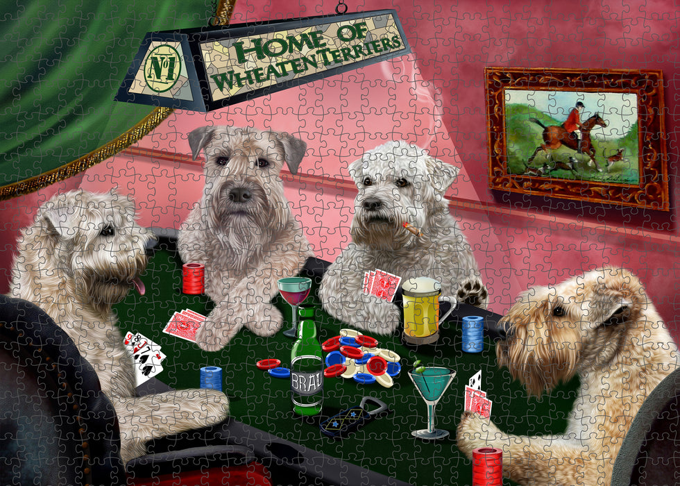 Home of Poker Playing Wheaten Terrier Dogs Portrait Jigsaw Puzzle for Adults Animal Interlocking Puzzle Game Unique Gift for Dog Lover's with Metal Tin Box