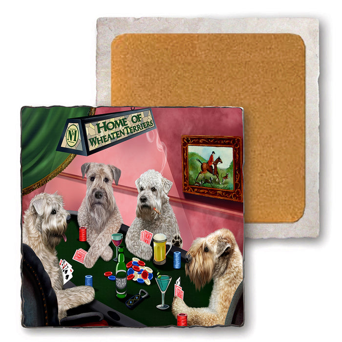 Set of 4 Natural Stone Marble Tile Coasters - Home of Wheaten Terrier 4 Dogs Playing Poker MCST48067