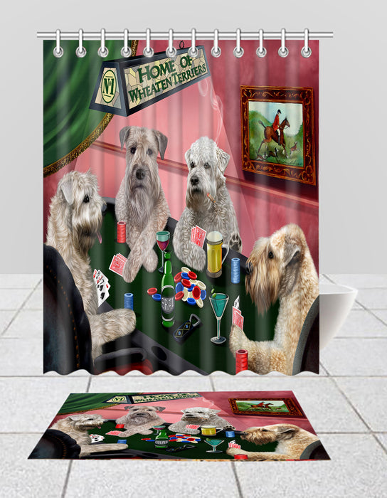 Home of  Wheaten Terrier Dogs Playing Poker Bath Mat and Shower Curtain Combo