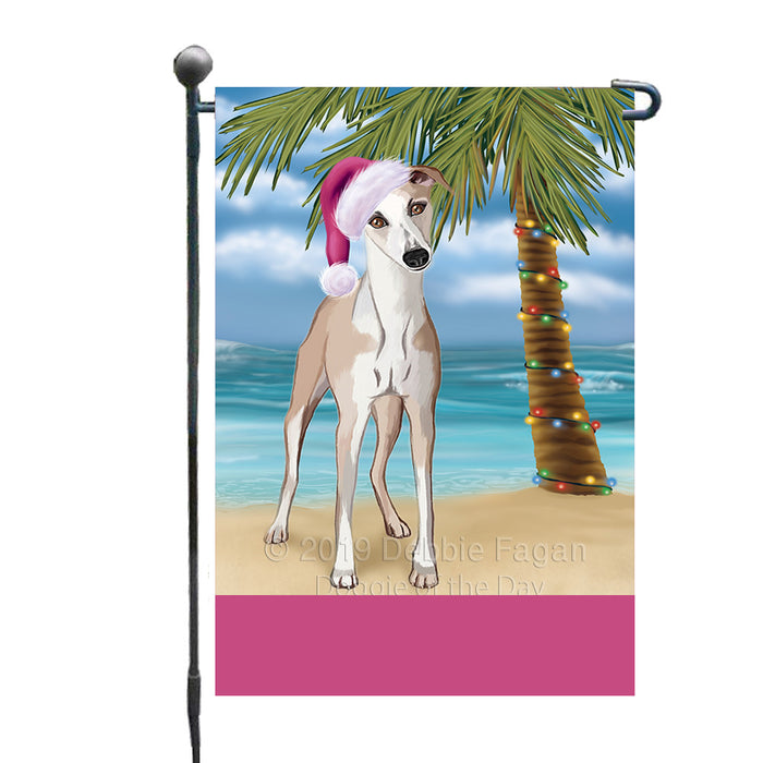 Personalized Summertime Happy Holidays Christmas Whippet Dog on Tropical Island Beach  Custom Garden Flags GFLG-DOTD-A60551