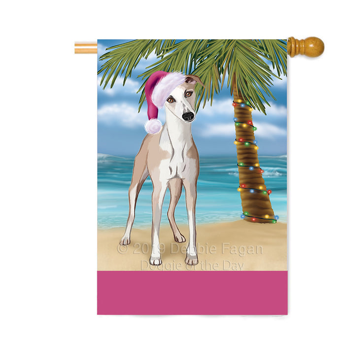 Personalized Summertime Happy Holidays Christmas Whippet Dog on Tropical Island Beach Custom House Flag FLG-DOTD-A60607