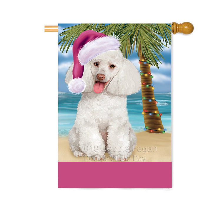 Personalized Summertime Happy Holidays Christmas White Poodle Dog on Tropical Island Beach Custom House Flag FLG-DOTD-A60608